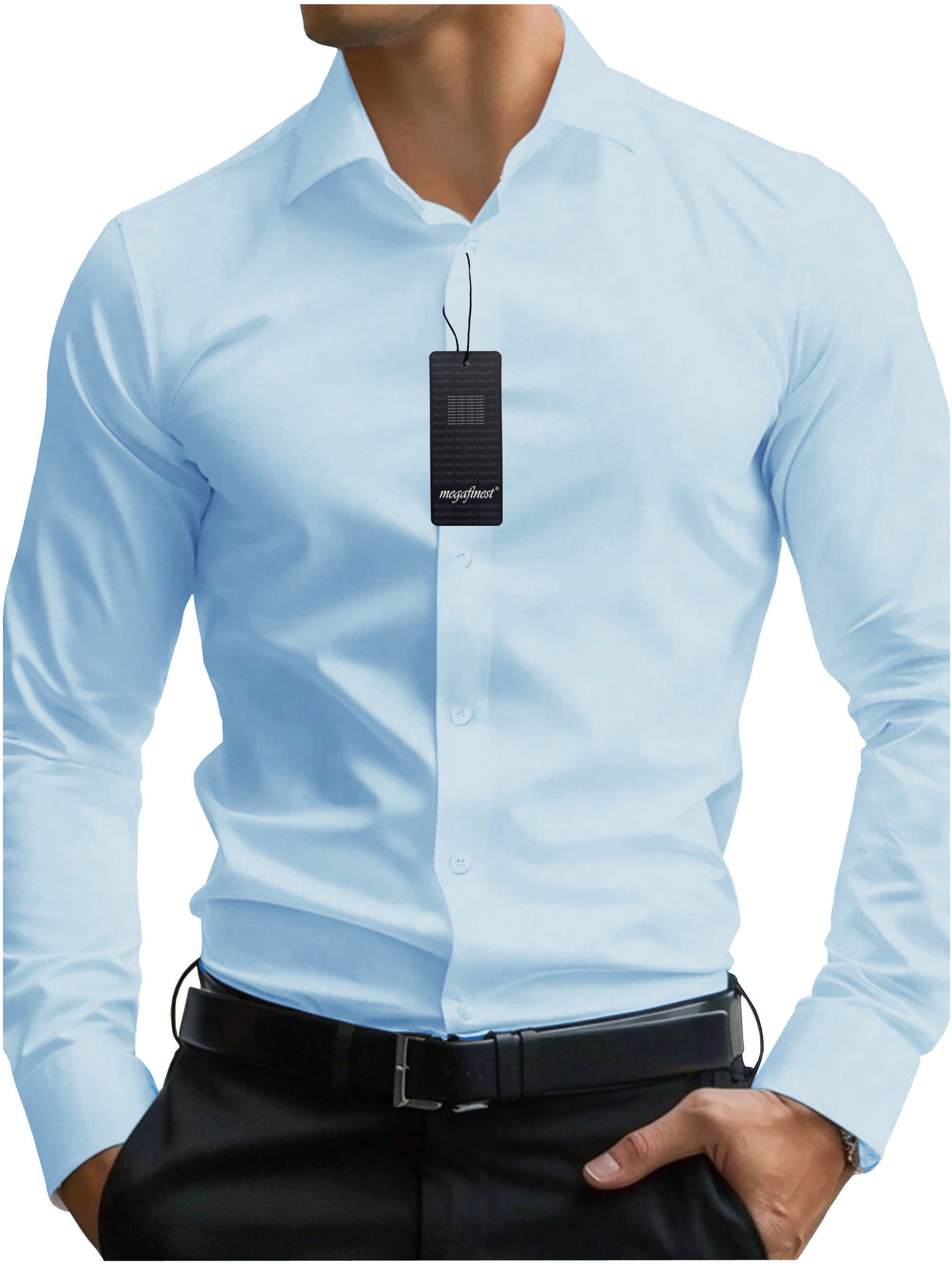 Niebieska Koszula Męska gładka z kołnierzykiem, długim rękawem 298