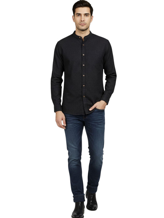 Imprezowa Koszula Męska 100% Bawełny z Długim Rękawem Czarna Stójka Slim 964