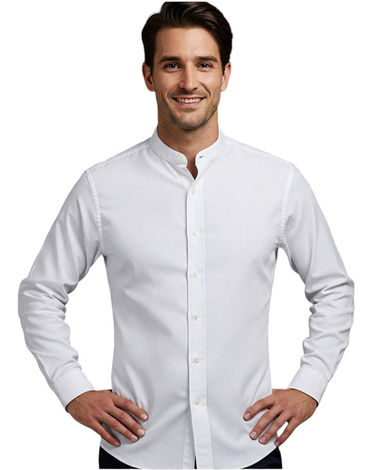 Biała koszula męska ze stójką bez kołnierza sportowa slim fit Model 152