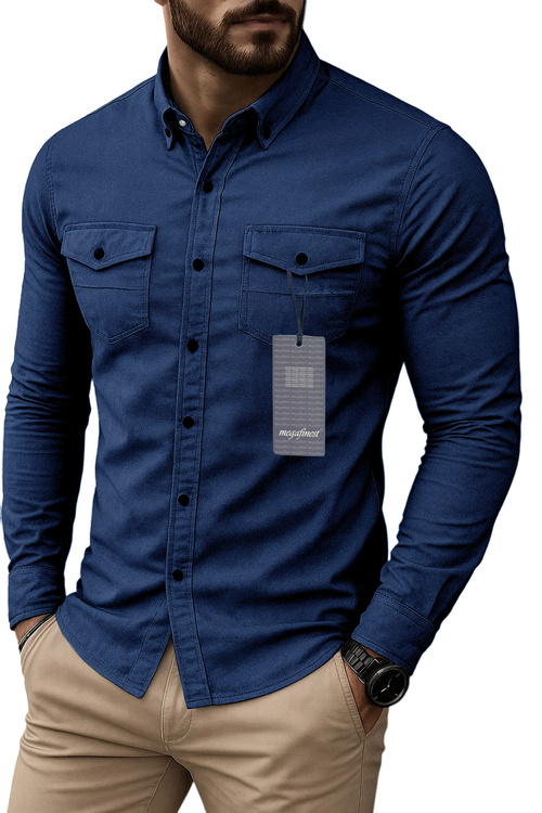 Granatowa Bawełniana Koszula Jeansowa Sportowa Długi Rękaw 283