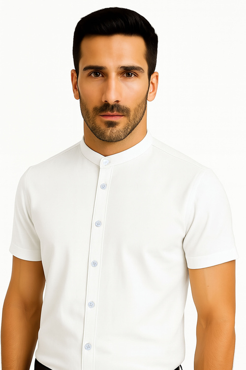 Biała Koszula Męska ze Stójką Krótki Rękaw SLIM Model 255