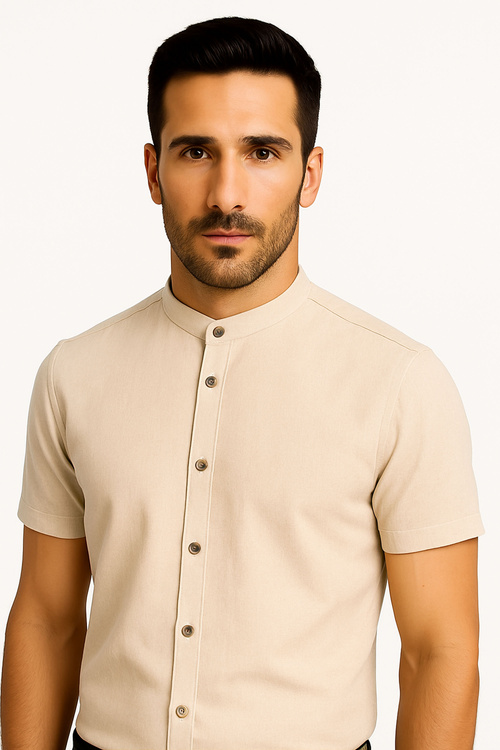 Beżowa Koszula Męska ze Stójką Krótki Rękaw SLIM Model 254