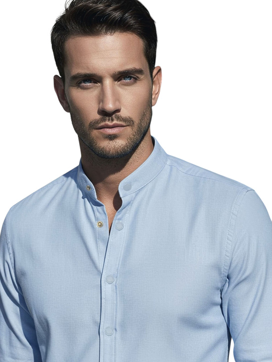 Błękitna Koszula Męska do Jeansów na Stójkę bez Kołnierza SLIM