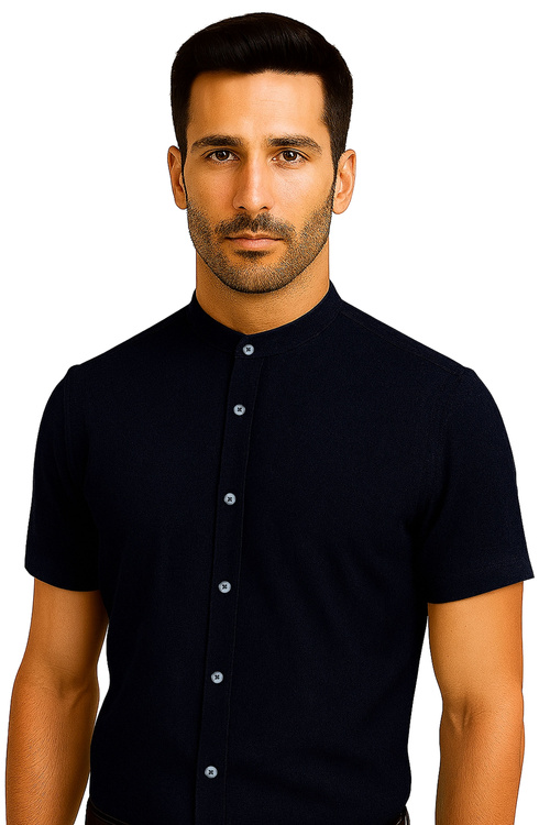 Granatowa Koszula Męska ze Stójką Krótki Rękaw SLIM Model 256