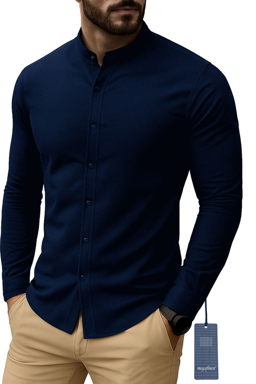 Granatowa Koszula Męska Elegancka na stójce megafinest 296 Slim Fit