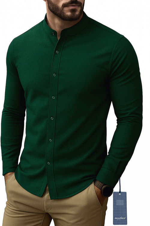 Zielona Koszula Męska Elegancka na stójce megafinest 295 Slim Fit