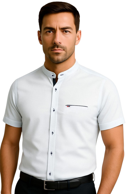 Koszula Męska Biała 206 na Krótki Rękaw Stójka Comfort