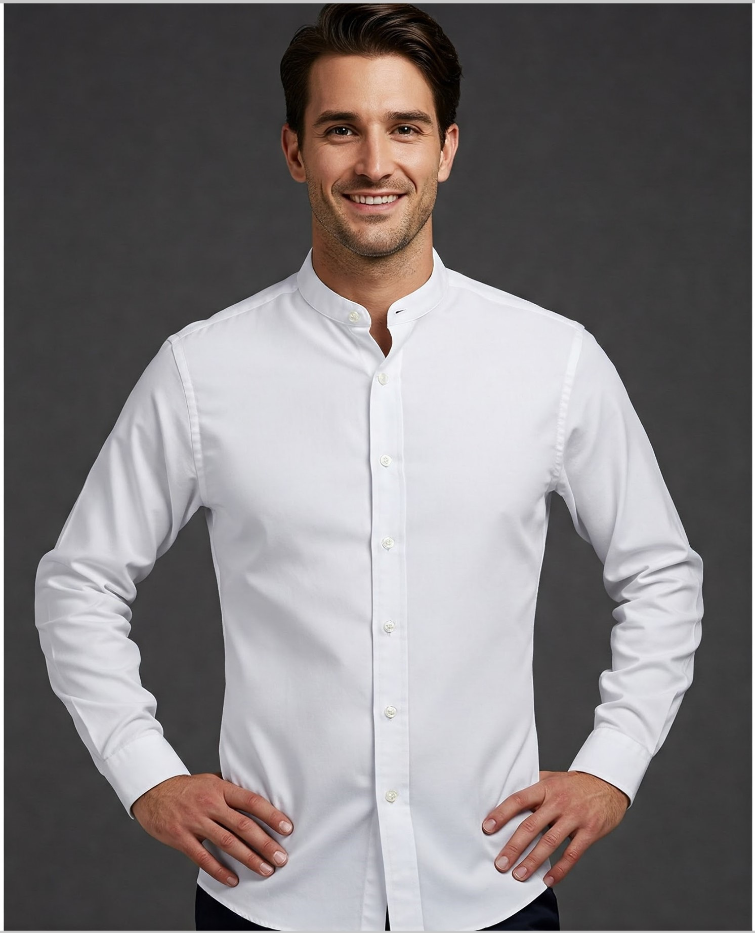 Biała koszula męska ze stójką bez kołnierza sportowa slim fit