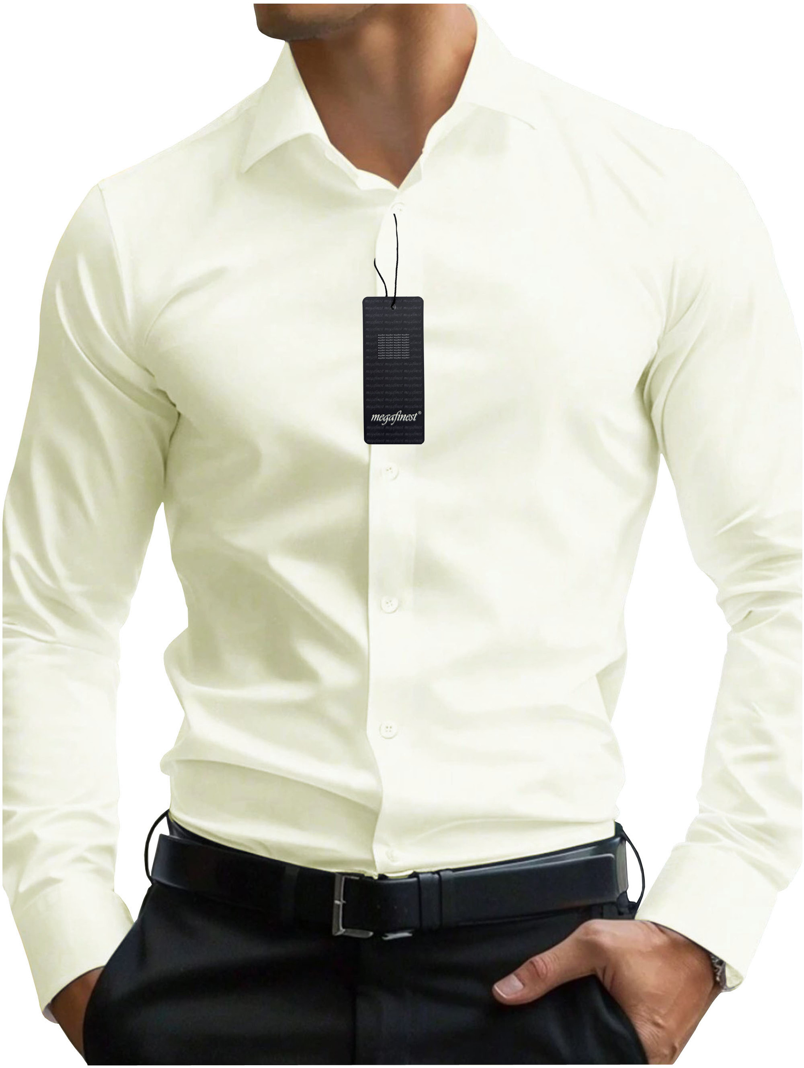 Kremowa Koszula Męska gładka z kołnierzykiem, długim rękawem 297
