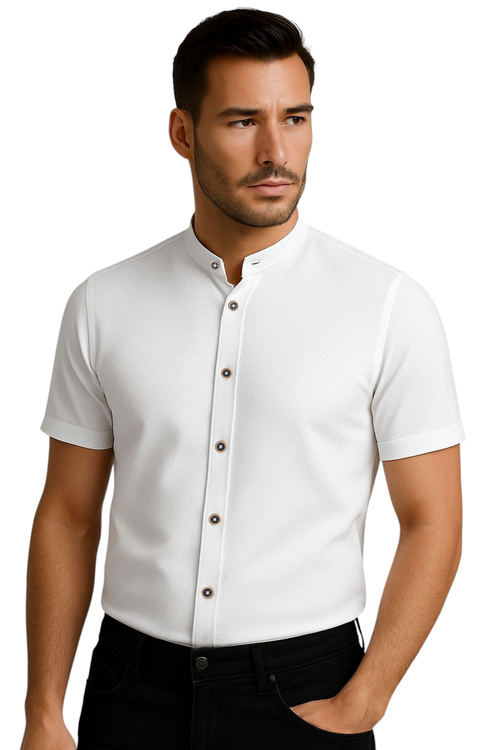 Letnia Biała Koszula Męska na Stójkę 100% bawełny krótki Rękaw bez Kołnierza 215