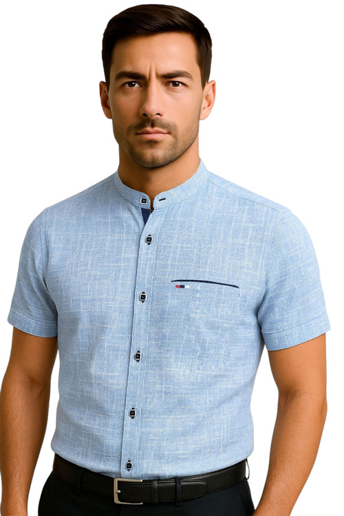 Koszula Męska Niebieska 205 Krótki Rękaw Stójka Rozmiar