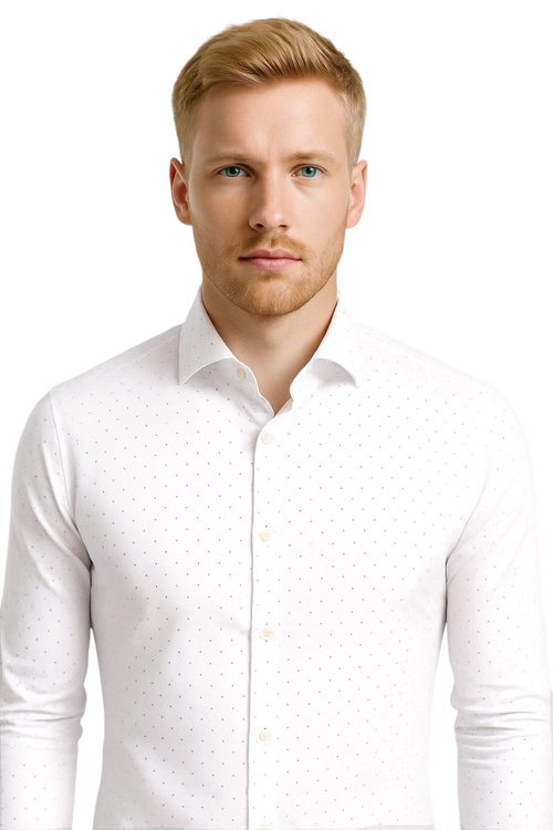 Elegancka Koszula Męska Biała Slim Fit Granatowy Wzór Komfortowa