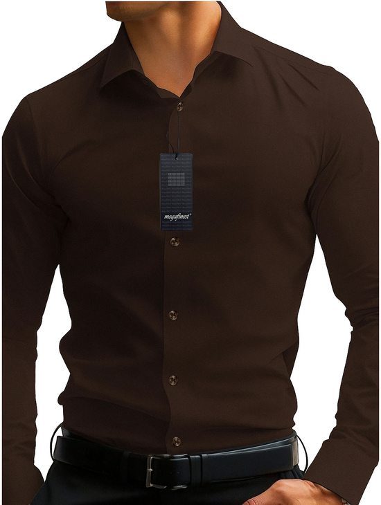 Brązowa Czekoladowa Koszula Męska Elegancka z długim rękawem 303