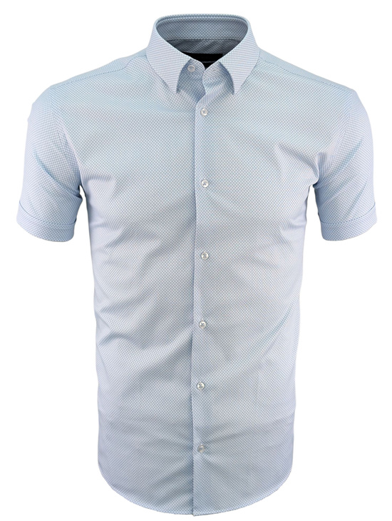 Elegancka Biała Męska Koszula z Niebieskim Nadrukiem Krótki Rękaw Model 139