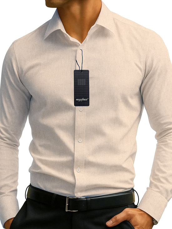 Jasna Brązowa Koszula Męska z kołnierzykiem, długim rękawem 302