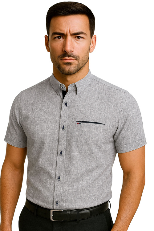 Koszula Męska Szara Krótki Rękaw z Kołnierzykiem 264