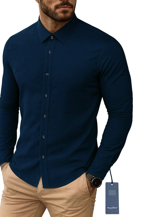 Koszula Męska Bawełniana gładka z kołnierzem Granatowa Długi Rękaw 277