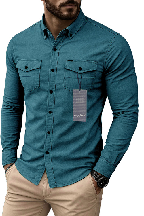 Koszula Jeansowa Kolor Morski Męska Sportowa Długi Rękaw 275