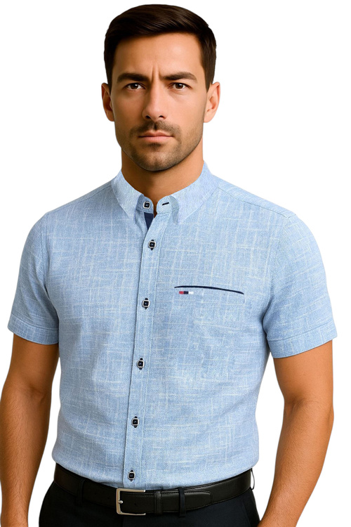 Koszula Męska Niebieska Krótki Rękaw z Kołnierzykiem 207