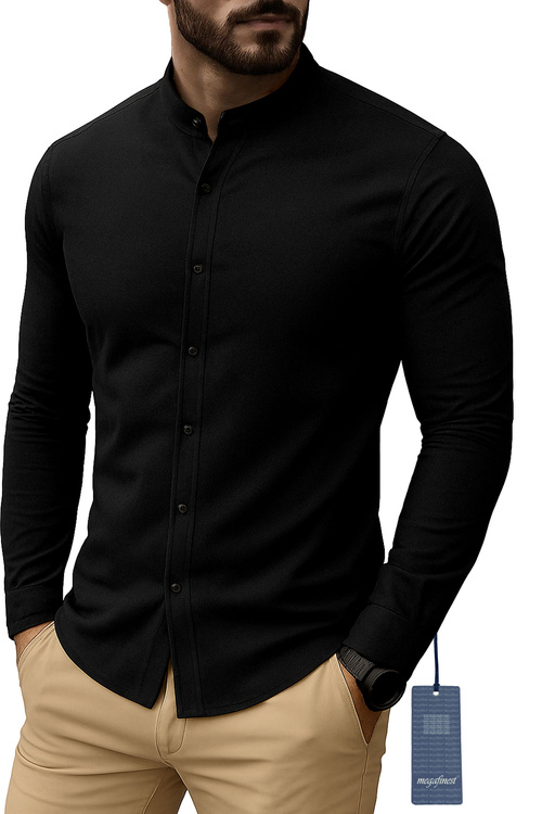 Czarna Koszula Męska Elegancka na stójce megafinest 293 Slim Fit