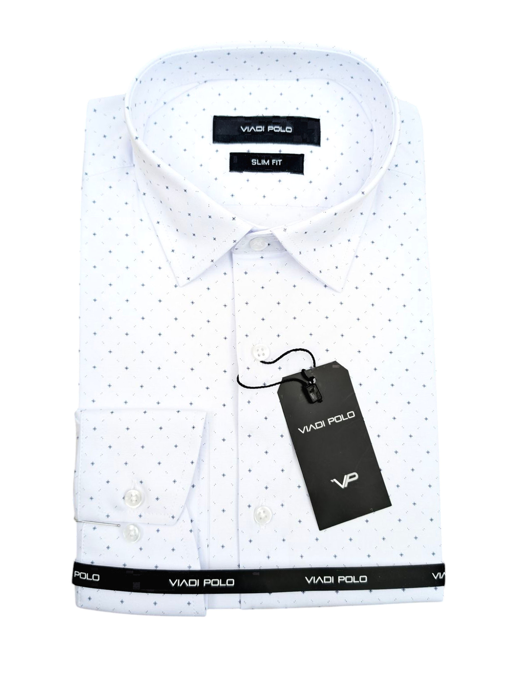 Elegancka Koszula Męska Biała Slim Fit Granatowy Wzór Komfortowa 208